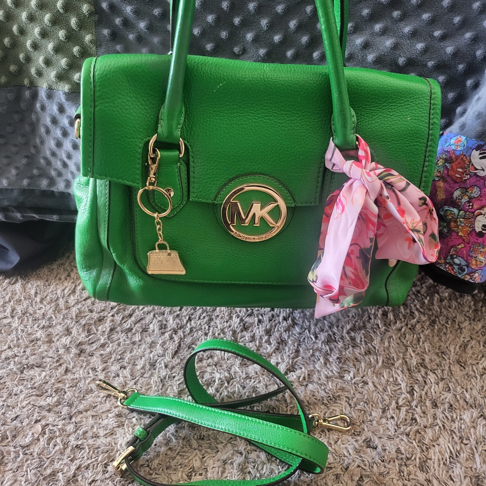 Michael Kors Green Satchel with Pink Scarf Accent